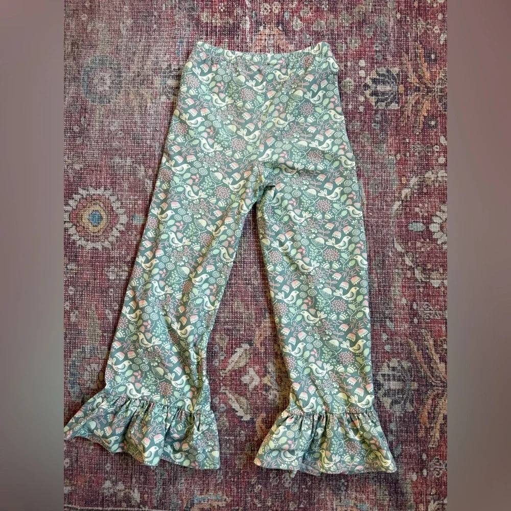 Matilda Jane Girls 12 Big Ruffled Hem Floral & Bird pattern Pants Mint & Pastel
